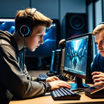 **

A focused Dota 2 team huddles around computers during a practice session. The scene captures the intensity and concentration of the players, showcasing teamwork and strategic discussion. Emphasize the use of gaming equipment and the collaborative environment. Appropriate content, professional, safe for work, fully clothed, perfect anatomy, natural proportions.

**