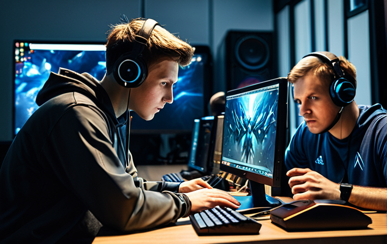 **

A focused Dota 2 team huddles around computers during a practice session. The scene captures the intensity and concentration of the players, showcasing teamwork and strategic discussion. Emphasize the use of gaming equipment and the collaborative environment. Appropriate content, professional, safe for work, fully clothed, perfect anatomy, natural proportions.

**