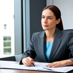A professional businesswoman in a modest business suit, sitting at a desk in a modern office, fully clothed, appropriate attire, safe for work, perfect anatomy, natural proportions, professional photography, high quality.
