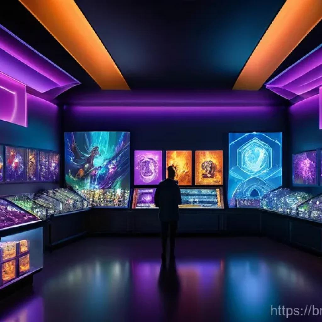 도타2 거래소 이용법 - **Prompt**: "A bustling, futuristic virtual marketplace for Dota 2 items, filled with diverse, styli...