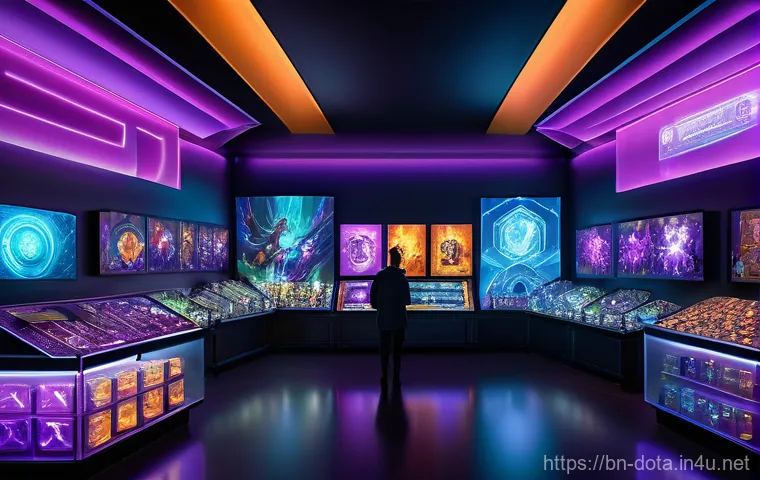 도타2 거래소 이용법 - **Prompt**: "A bustling, futuristic virtual marketplace for Dota 2 items, filled with diverse, styli...