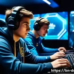 도타2 게임 종료 전략 - A dynamic esports team huddled together in intense communication during the final moments of a compe...