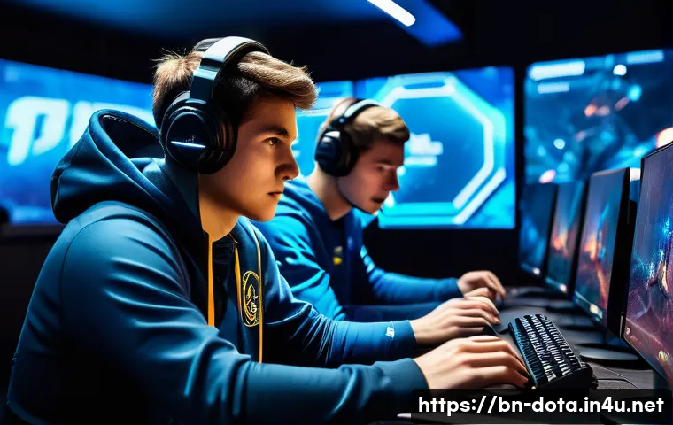 도타2 게임 종료 전략 - A dynamic esports team huddled together in intense communication during the final moments of a compe...