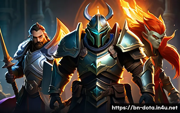 도타2 초보자를 위한 Q A - A dynamic Dota 2 team composition scene featuring three distinct hero roles: a Carry hero wielding a...