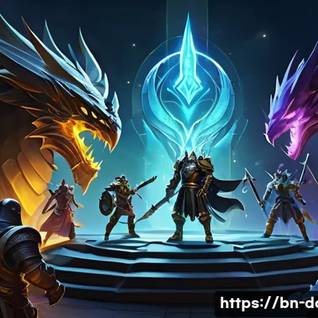 도타2 플레이 패턴 분석 - A detailed digital illustration of a Dota 2 team mid-game strategy session: five diverse heroes in t...