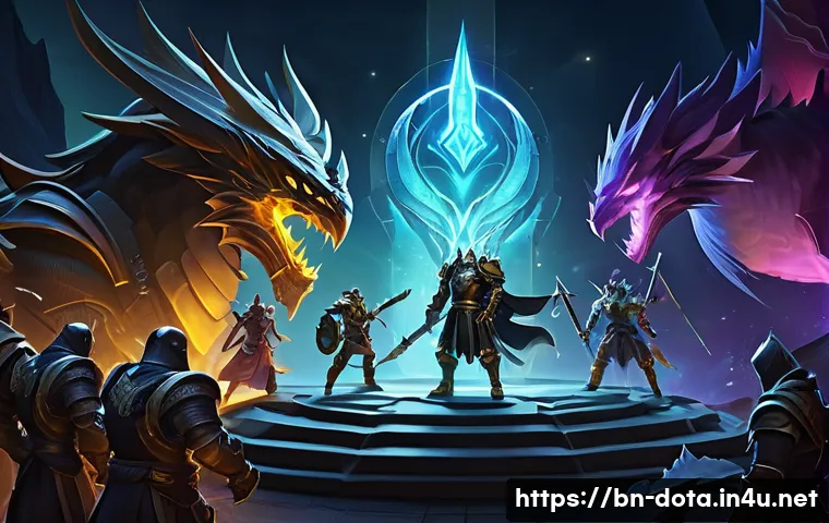 도타2 플레이 패턴 분석 - A detailed digital illustration of a Dota 2 team mid-game strategy session: five diverse heroes in t...