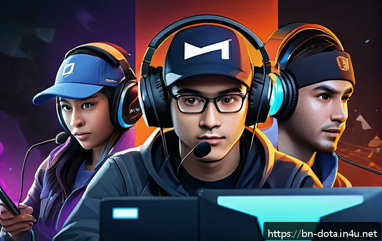 도타2 팀 랭크 전략 - A dynamic in-game Dota 2 team communication scene illustrating a diverse group of players wearing ga...