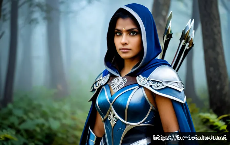 도타2 유명 코스프레 - Photorealistic fantasy-game cosplay portrait of an adult female warrior inspired by a moonlit archer...
